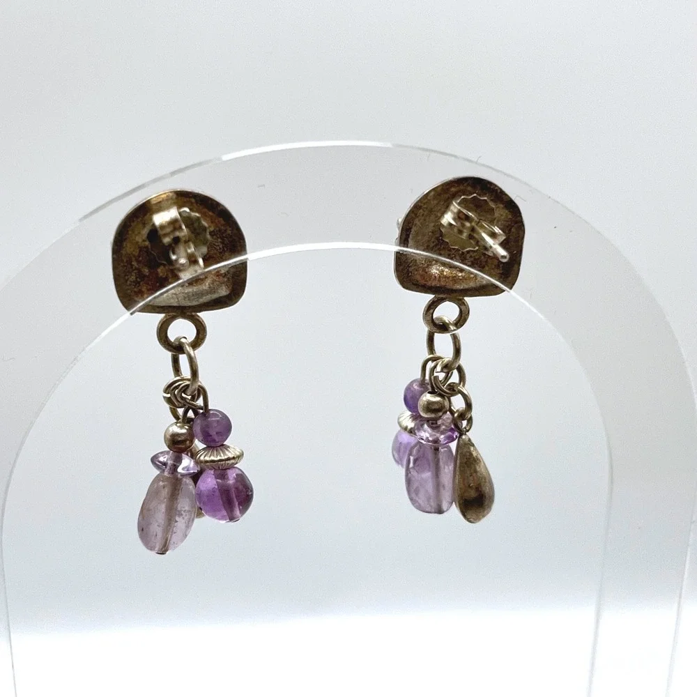 Vintage Sterling‎ Silver Amethyst Brutalist Cluster Drop Earrings Purple Stone
